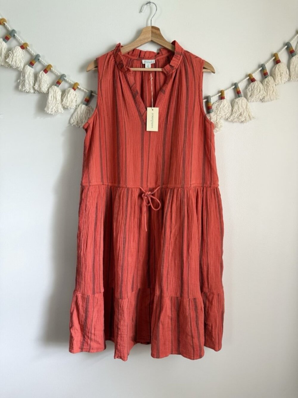 Sundance Adley Striped Gauze Cotton Mini Dress Coastal Beach Orange Flowy NWT M